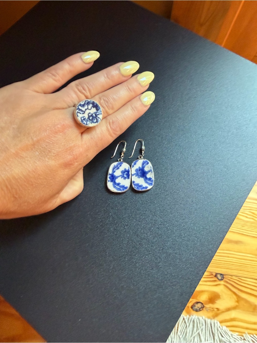 Artisan Blue and White Porcelain Floral Ring & Matching Earrings Set